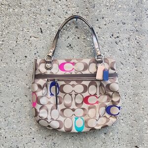 Coach Beige and Multicolor Signature Shoulder Bag
